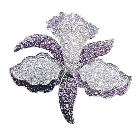 Nolan Miller Silver Tone With Purple And Clear Rhinestone Orchid Brooch (5965) - Picture 4 of 6